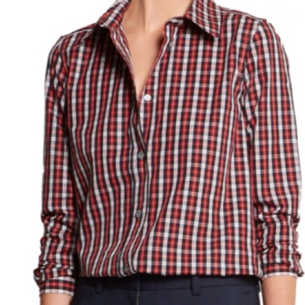 A.P.C. Women's Red and Black Plaid Button Down Shirt